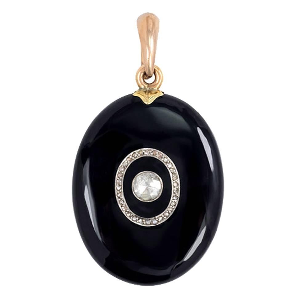 Antique Onyx Diamond Gold Platinum Pendant with Locket Back