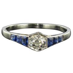 French Art Deco Calibrated Sapphire Diamond Gold Ring