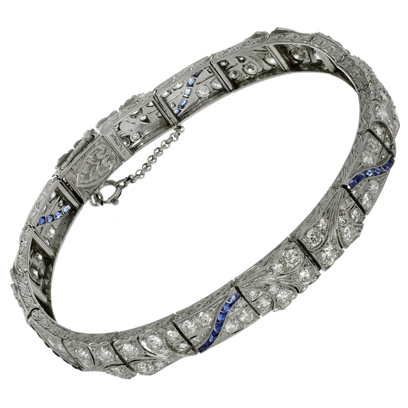 1930s Art Deco Blue Sapphire Diamond Platinum Bracelet