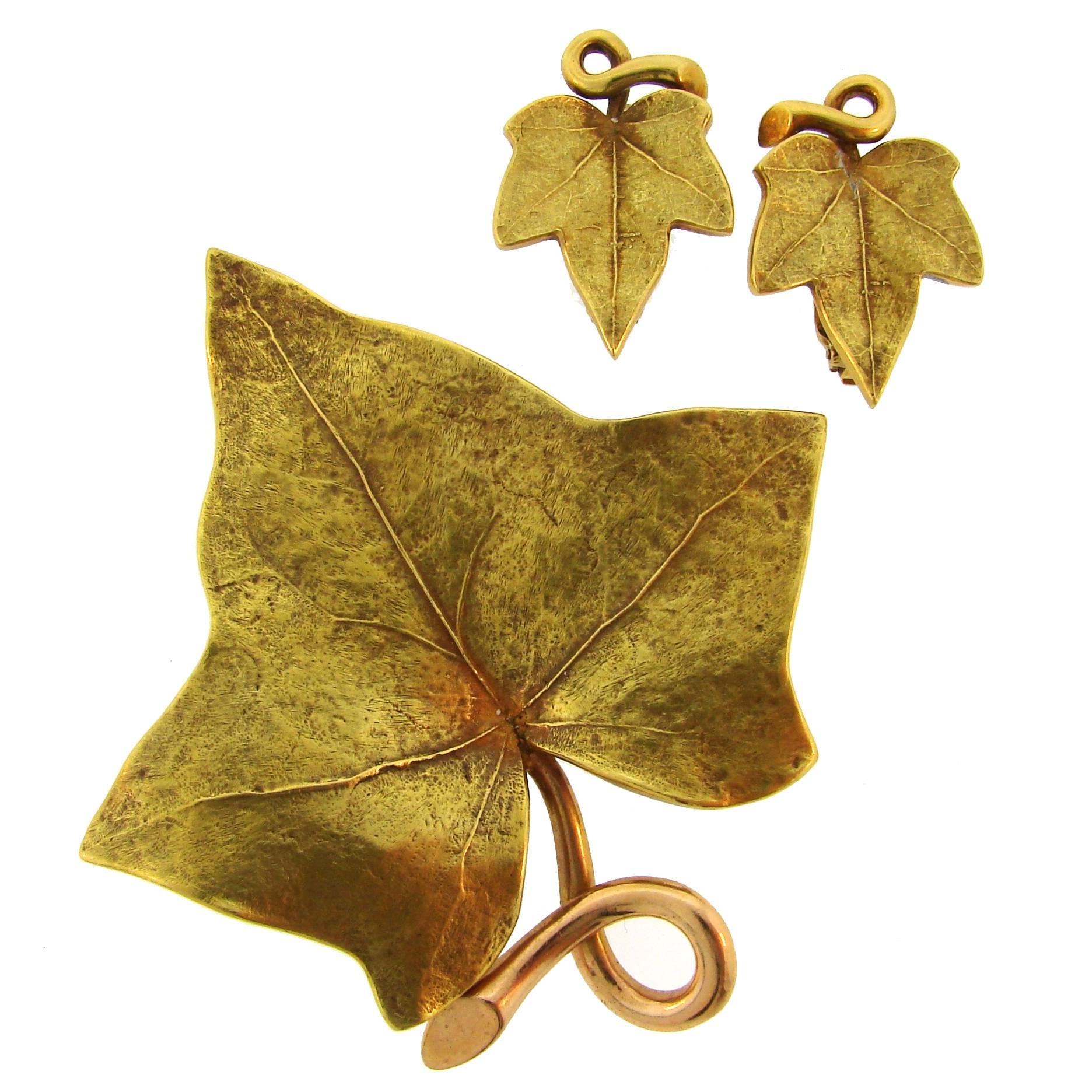 1950s Cartier Gold Grape Leaf Earrings and Clip Brooch Pin Set