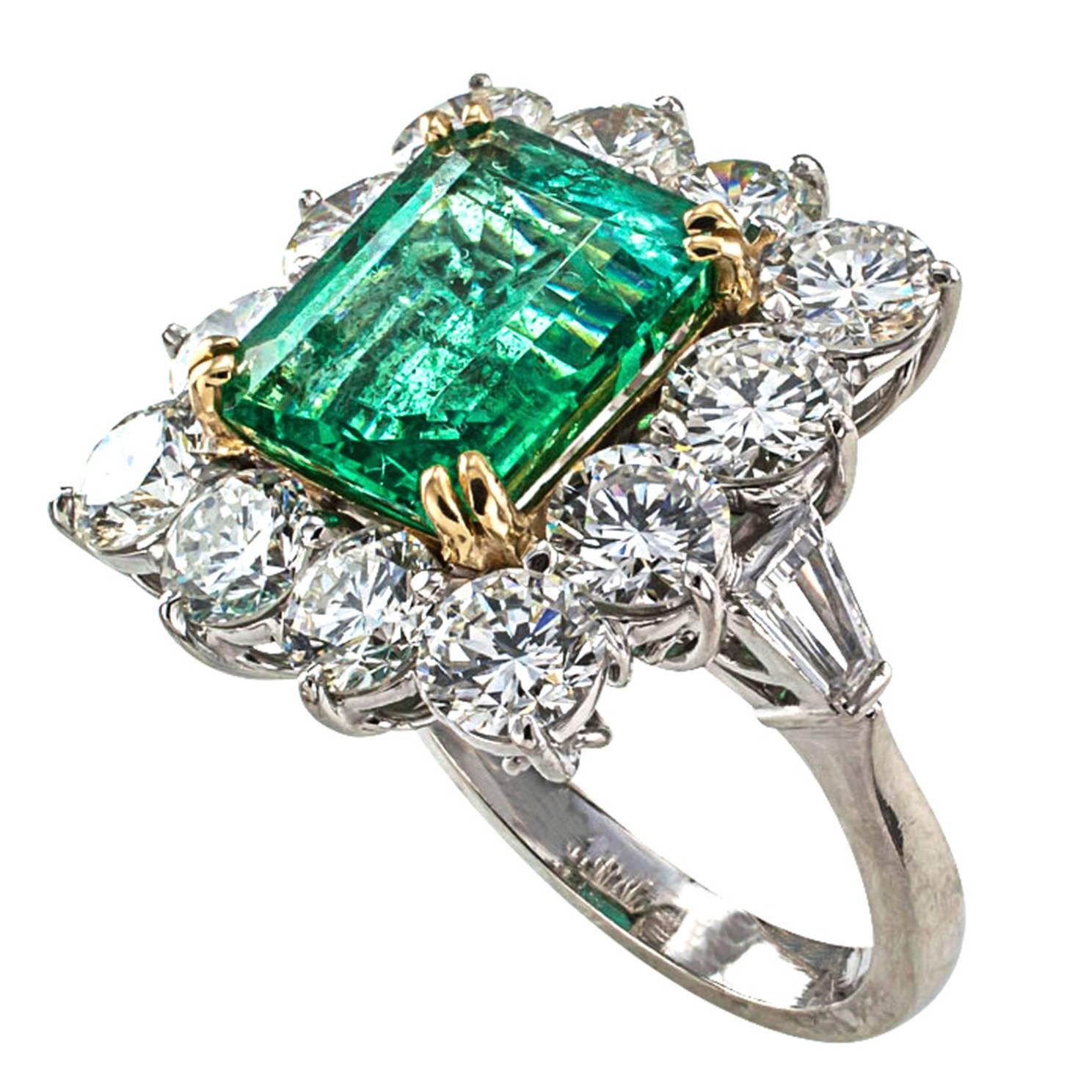 1950s Emerald Diamond Gold Platinum Ring