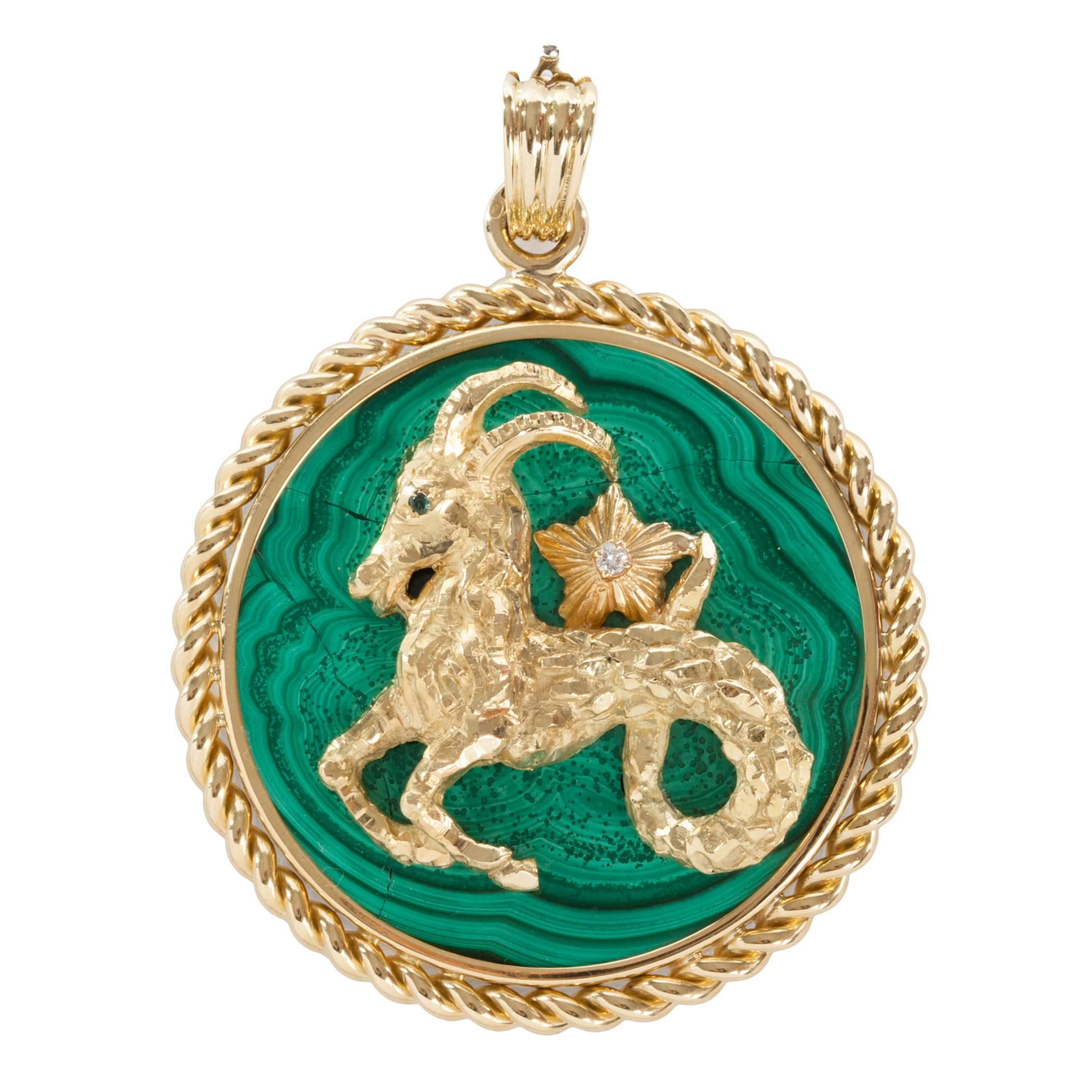 Van Cleef & Arpels Rare Malachite Diamond Gold Aries Zodiac Pendant For Sale