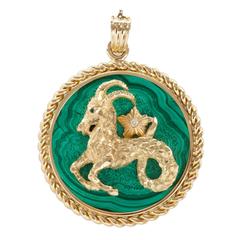 Vintage Van Cleef & Arpels Rare Malachite Diamond Gold Aries Zodiac Pendant