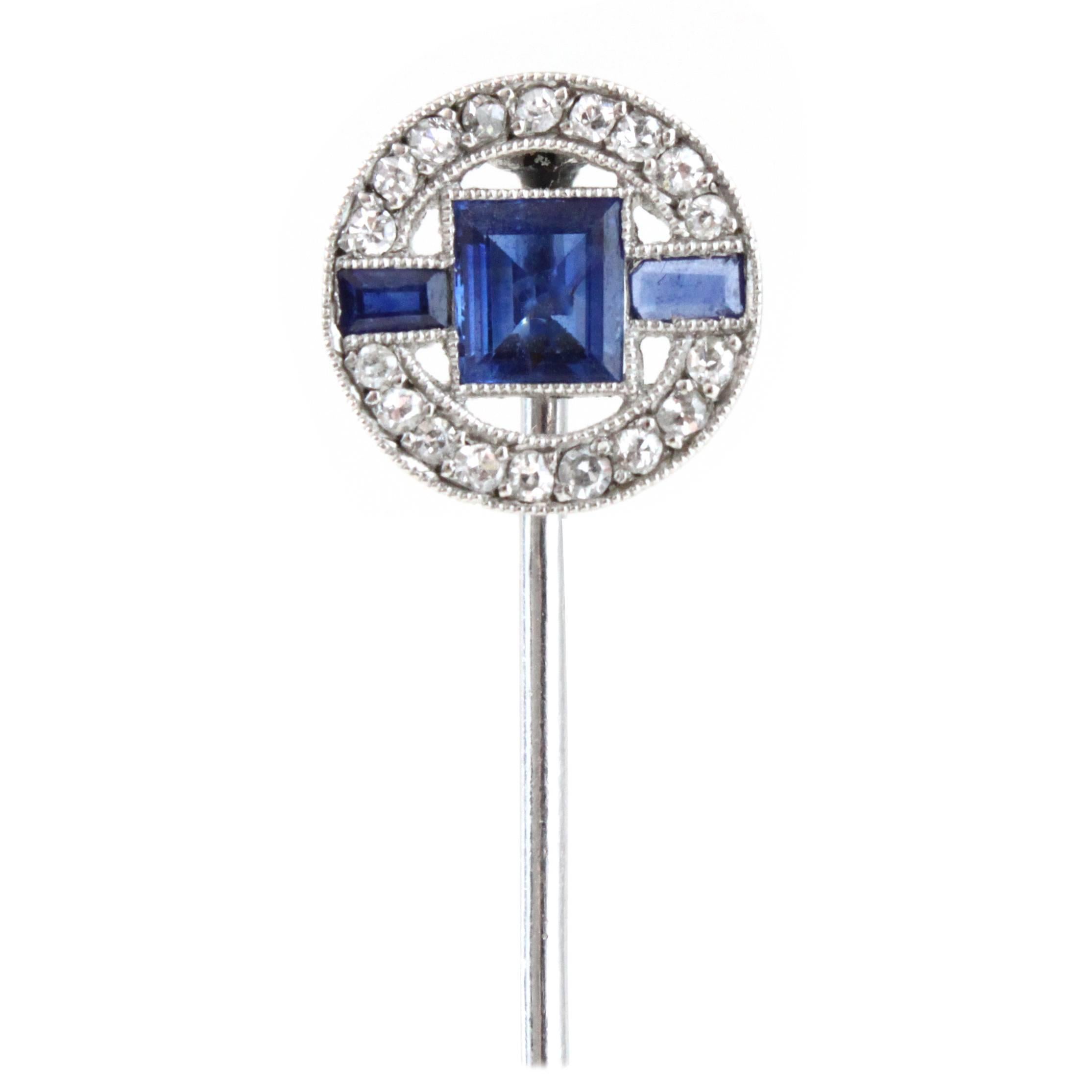 1930s French Art Deco Sapphire Diamond Platinum Stick Pin