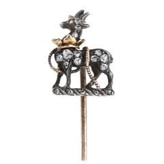 Antique Victorian Noble Crest Diamond Silver Gold Stag and Crown Stick Pin