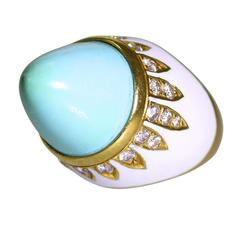 1970s Enamel Turquoise Diamond Gold Ring