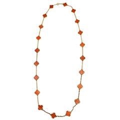 Vintage Van Cleef & Arpels Coral Gold "Alhambra" Long Chain Necklace