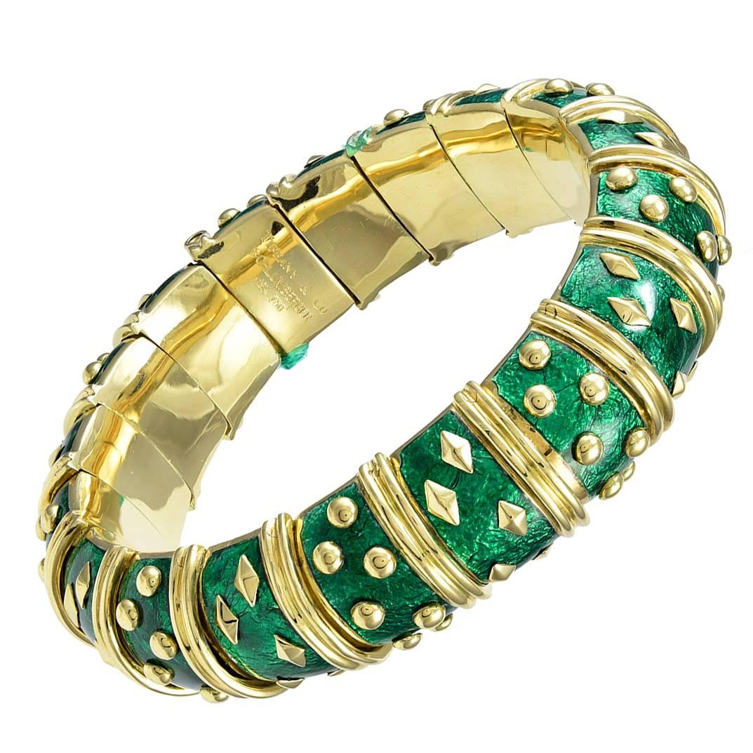 Tiffany & Co. Schlumberger Classic Enamel Gold Bangle Bracelet For Sale