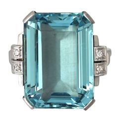 1940s 15.23 Carat Aquamarine Diamond Gold Dress Ring 