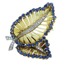 Raymond Yard Sapphire Diamond Platinum Leaf Brooch