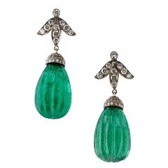 Vintage Fine Carved Fluted Emerald Diamond Drop Earrings