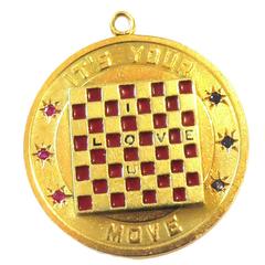 Large "Its Your Move"/"I Love U" Enamel Checkerboard Gemstone Gold Charm Pendant