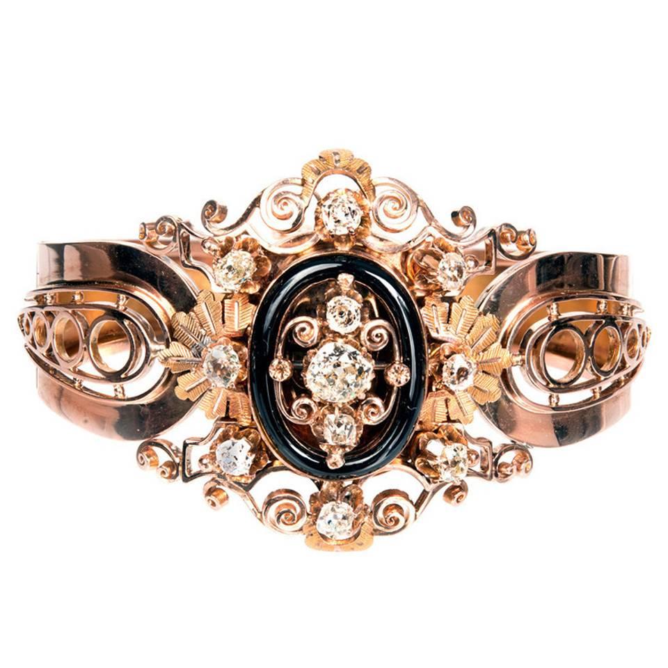 French Onyx Diamond Gold Bangle Bracelet 