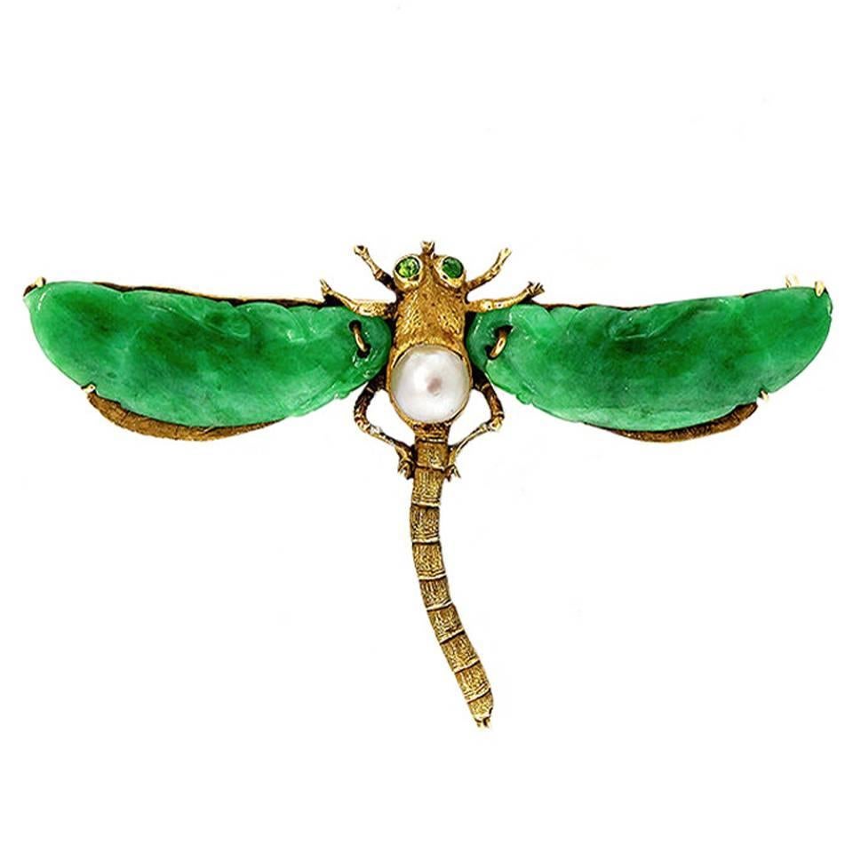 Natural Jadeite Jade Akoya Pearl Garnet Gold Dragonfly Pin
