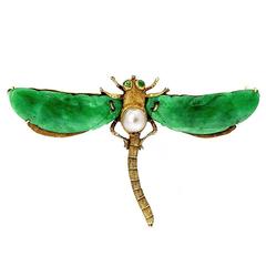Antique Natural Jadeite Jade Akoya Pearl Garnet Gold Dragonfly Pin