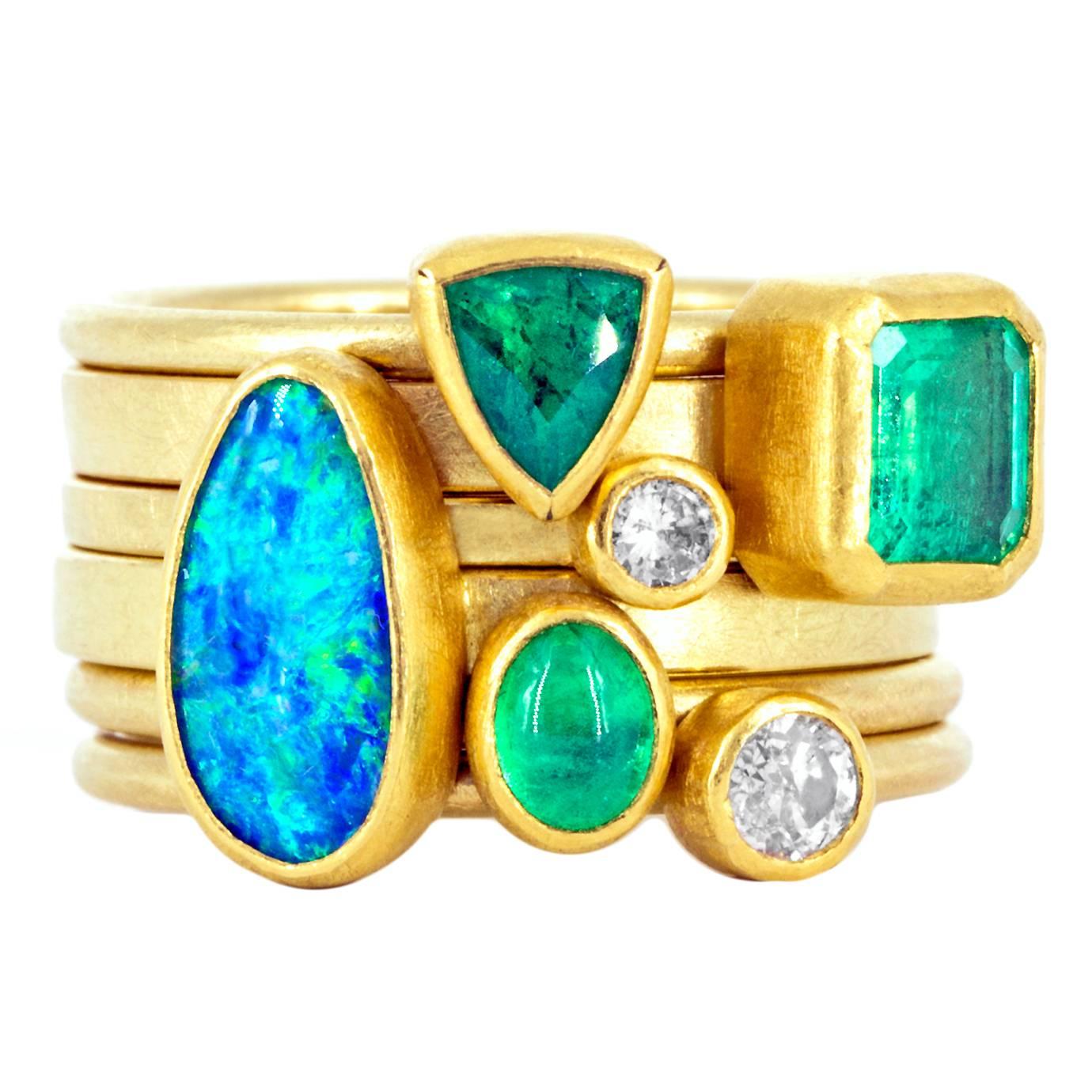 Petra Class Emerald Opal Diamond Gold Handmade Stacking Rings