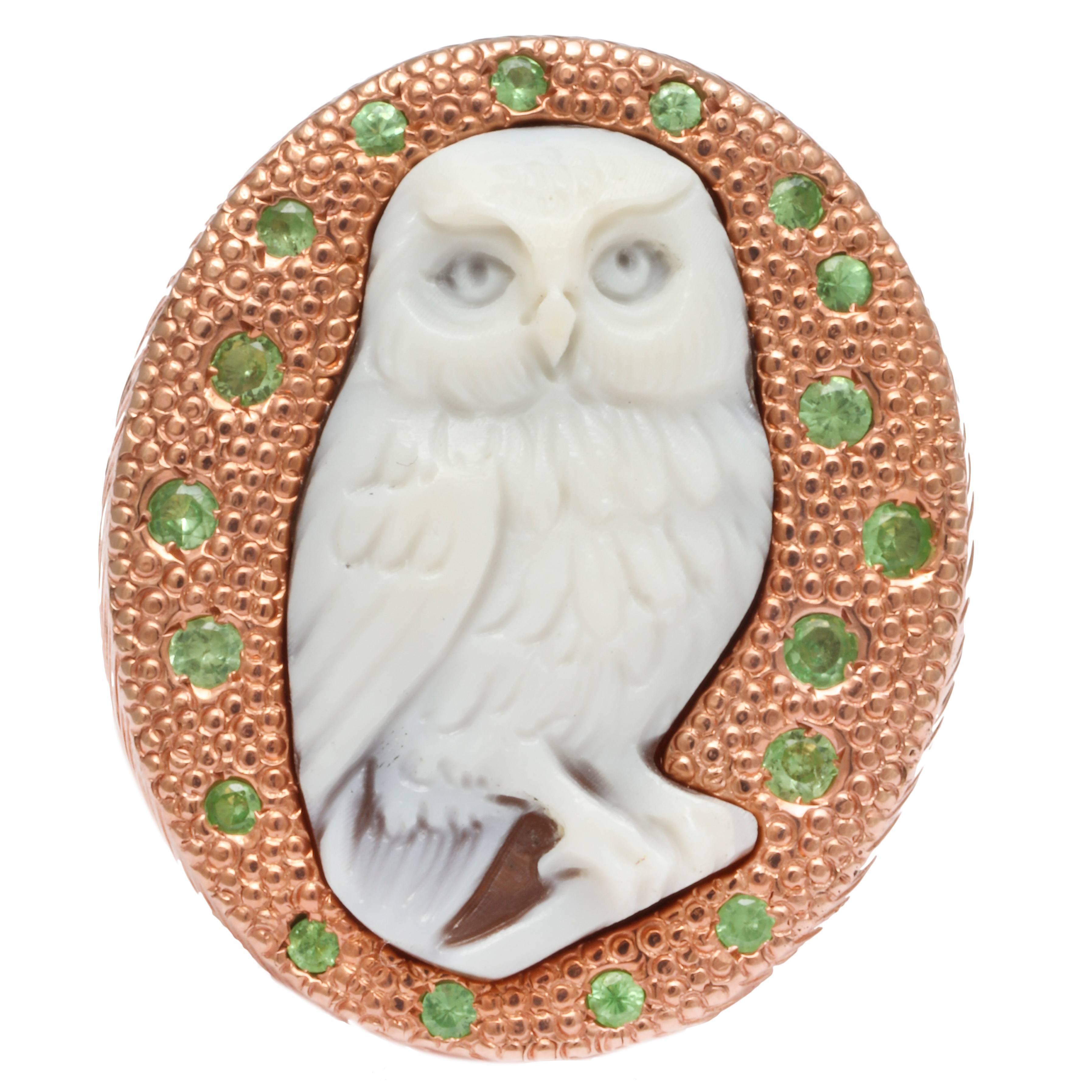 25mm sardonyx shell cameo hand-carved, set in sterling silver rose rhodium plated ring with tsavorites.