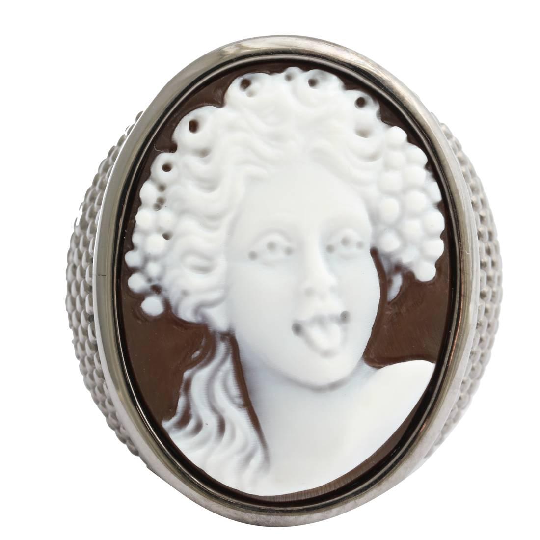 25mm sardonyx shell cameo hand-carved, set in sterling silver black rhodium plated ring.
Ring Size: US7

*Being these are hand crafted one of a kind designs, not all ring sizes might be immediately available. We offer custom sizing free of charge.