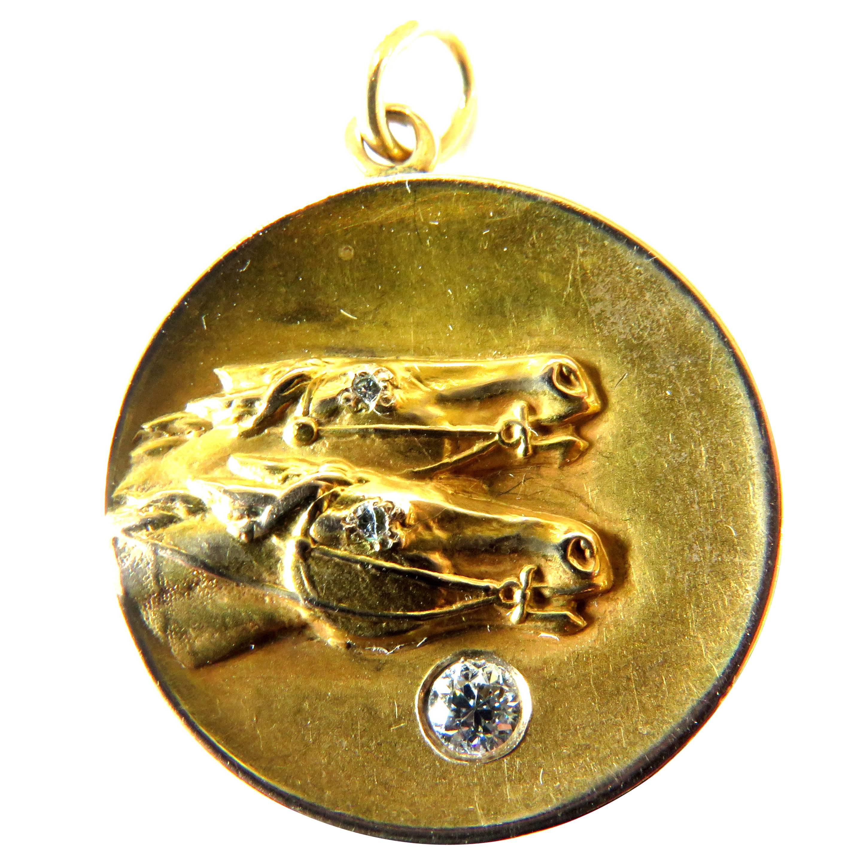 Awesome Art Deco Diamond Gold 2 Horse Head Locket Pendant Charm 