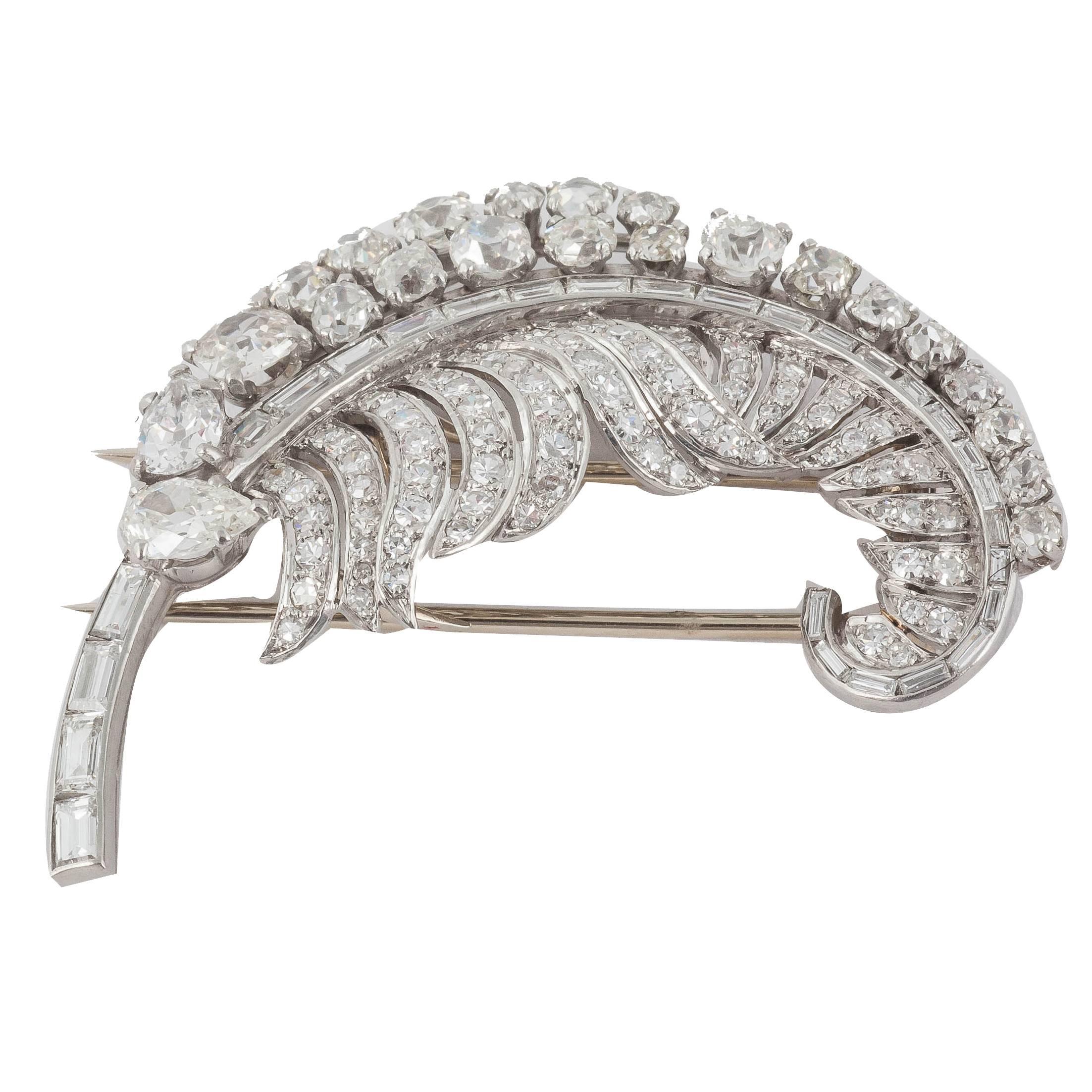 Curled Diamond Gold Platinum Feather Brooch For Sale