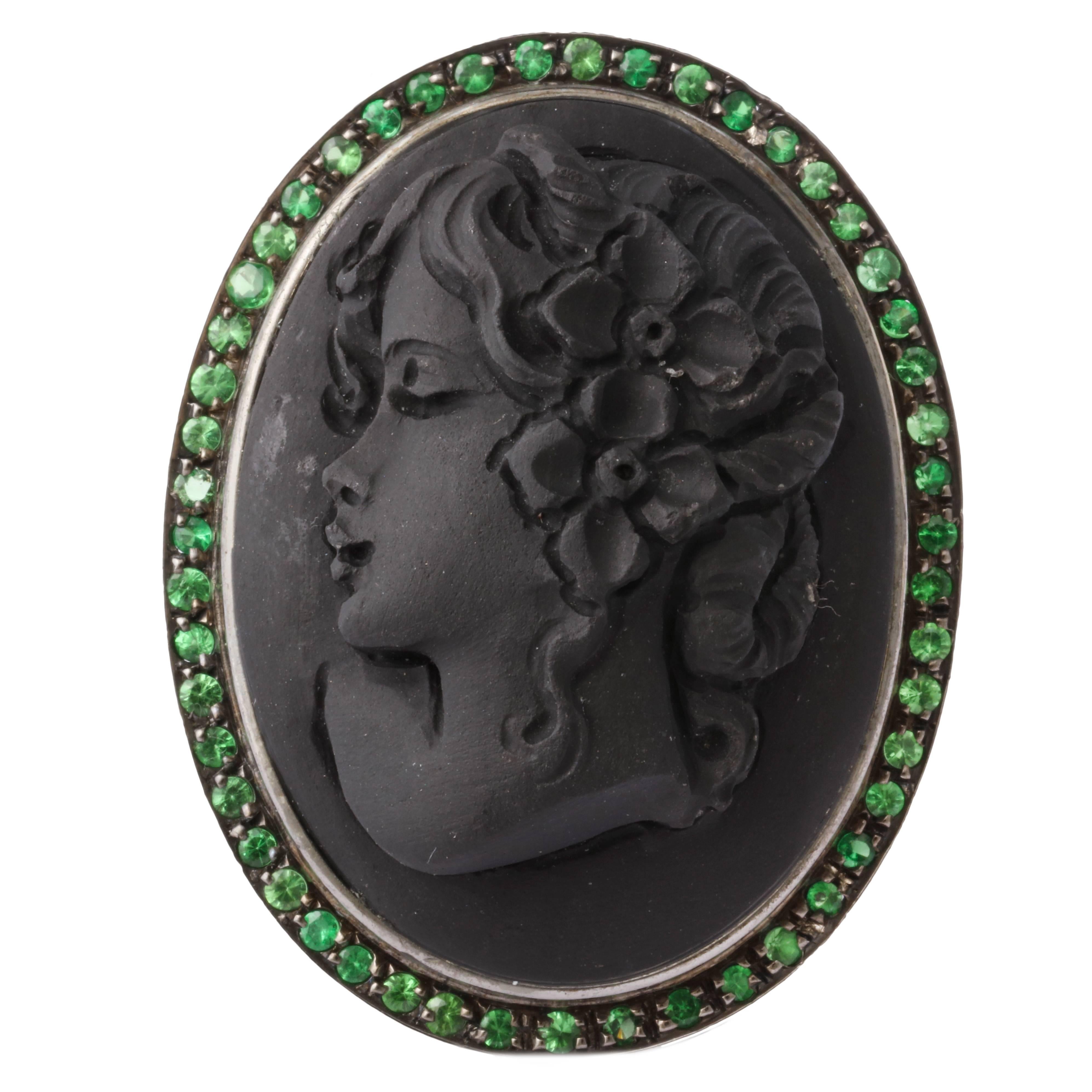 Amedeo "Sara" Black Lava Cameo Ring with Tsavorite For Sale