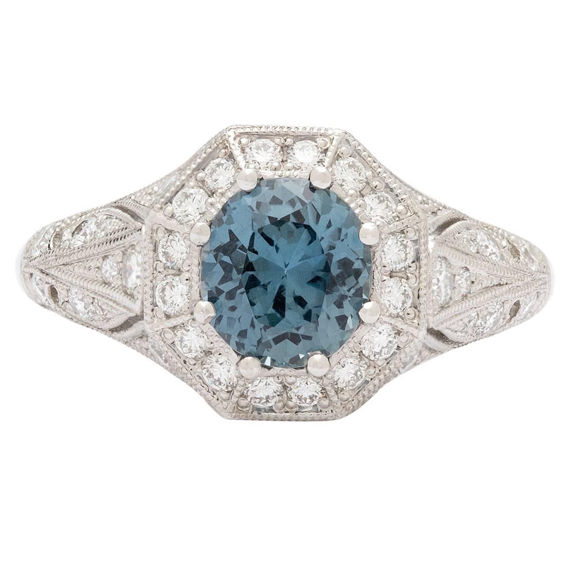 GIA 1.53 Carat GIA Cert Gray Blue Sapphire Diamond Platinum Ring