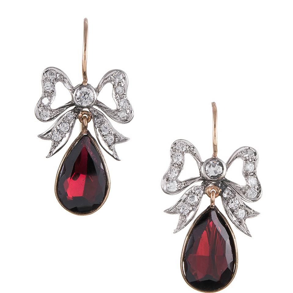 Circa 1920s American Garnet Diamond Gold Bow Earrings