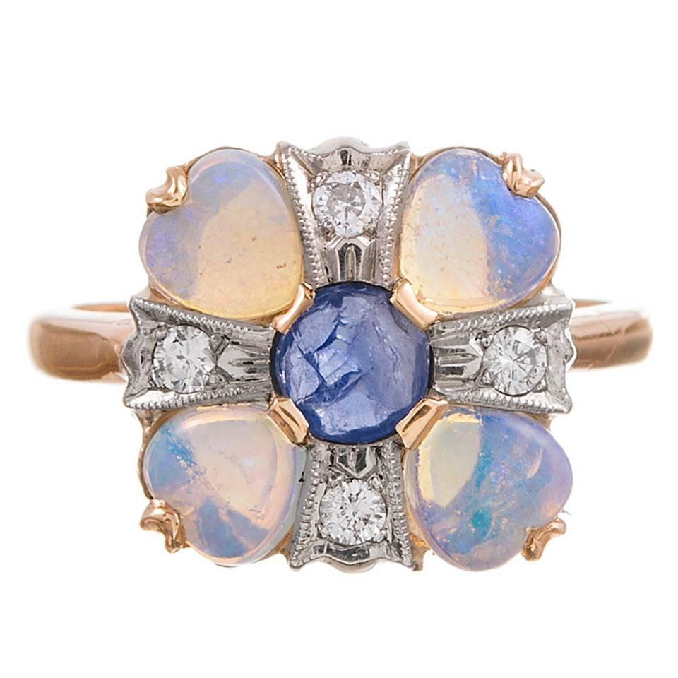 Circa 1930s American Made Opal Sapphire Diamond Gold Ring