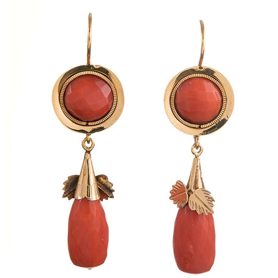 Early 1900s Coral Gold Drop Earrings