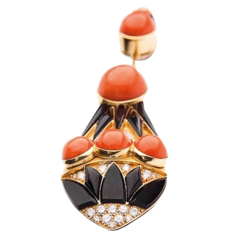Bulgari Impressive Art Deco Coral Onyx Diamond Gold Brooch For Sale