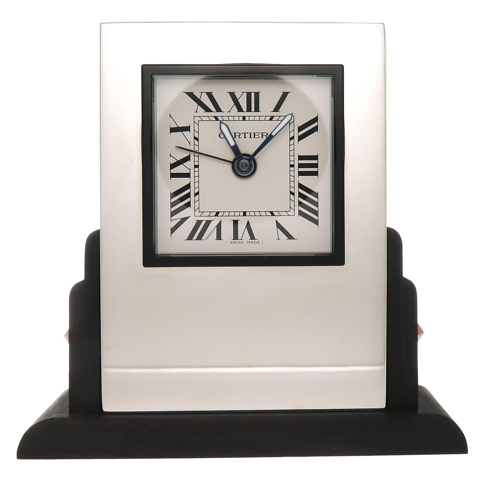 1990s Cartier Silver Plate Quartz Stone Set Desk Clock with Alarm 