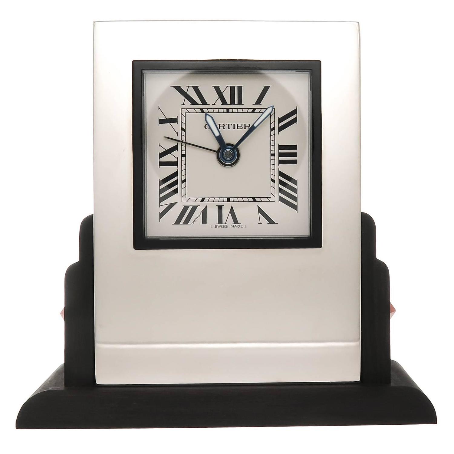 1990s Cartier Silver Plate Quartz Stone Set Desk Clock with Alarm at