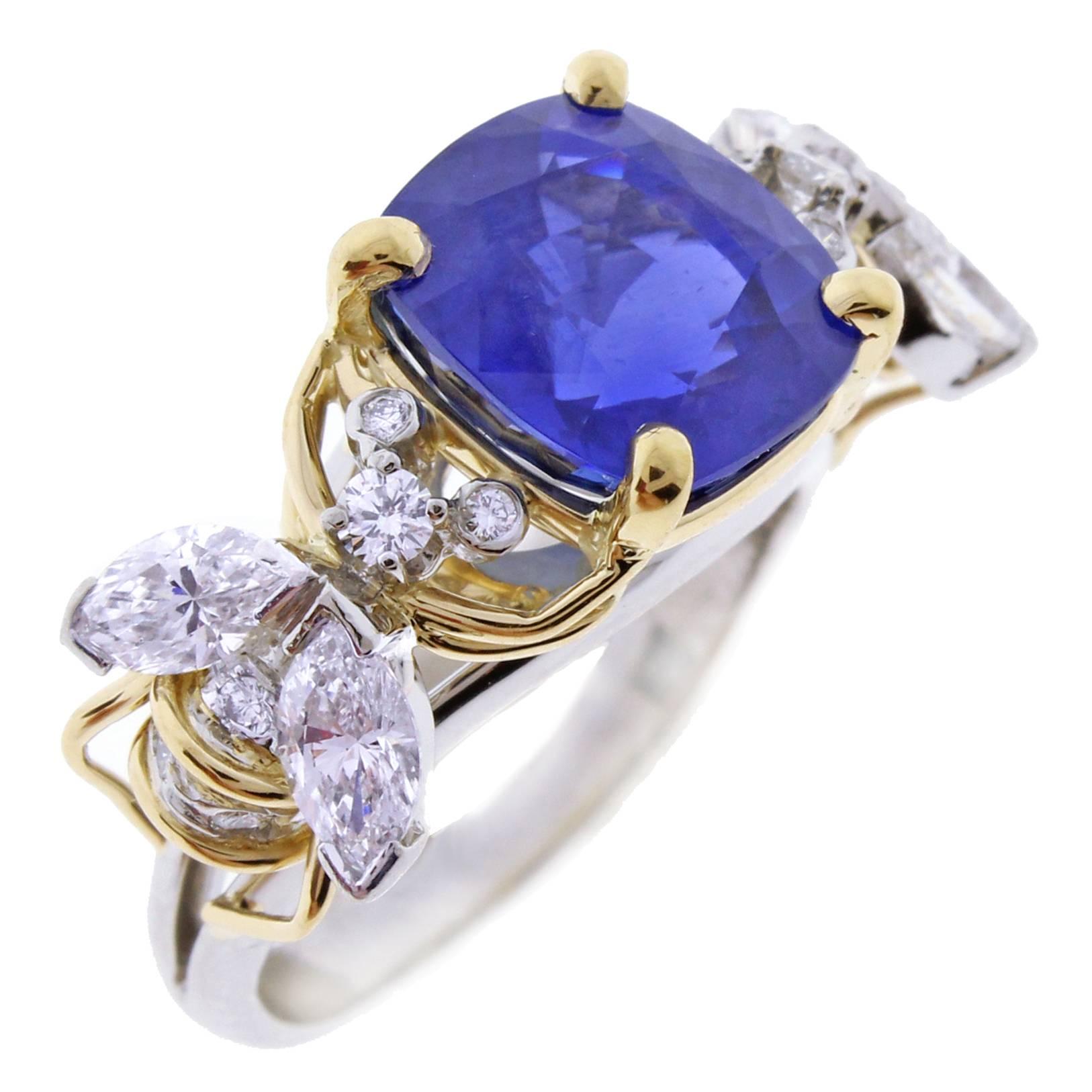 Tiffany & Co. Schlumberger Burma Unheated Sapphire Diamond Gold Two Bees Ring