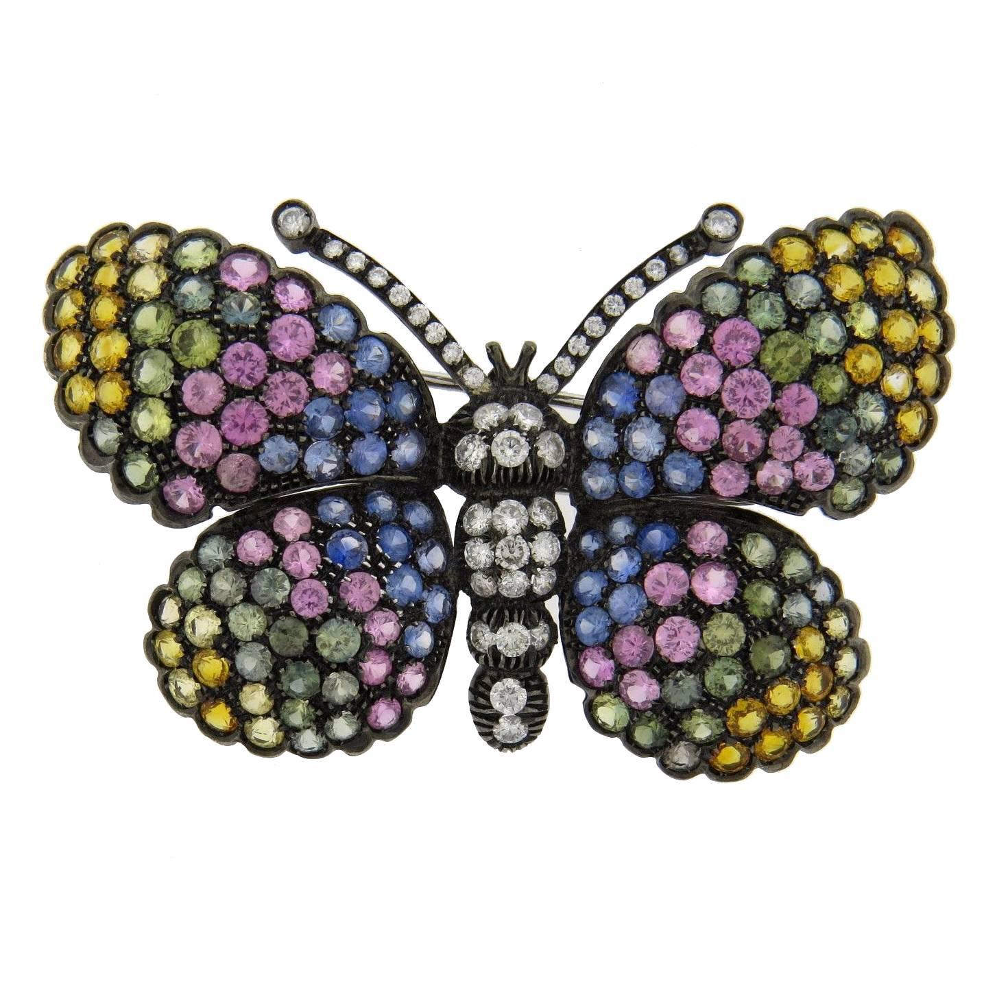 Multi Color Sapphire Diamond Gold Butterfly Brooch Pin