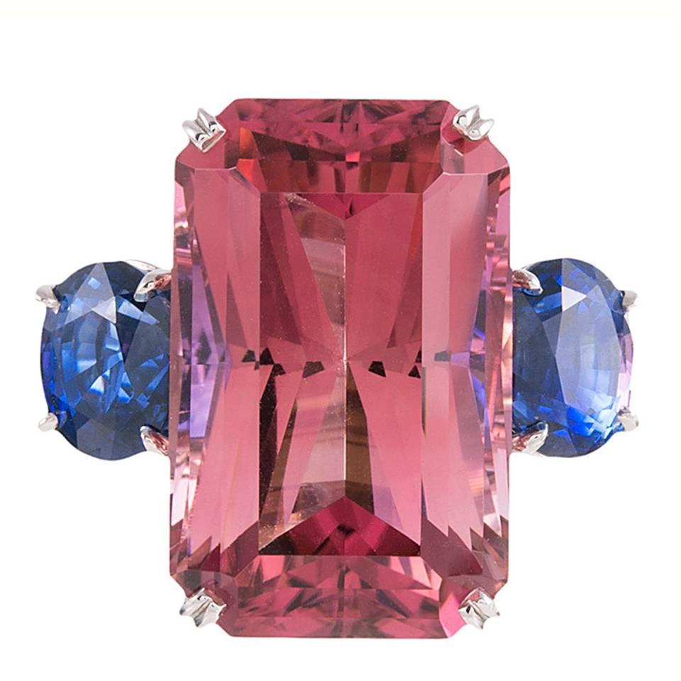 23.86 Carat Pink Tourmaline Blue Sapphire Platinum Ring