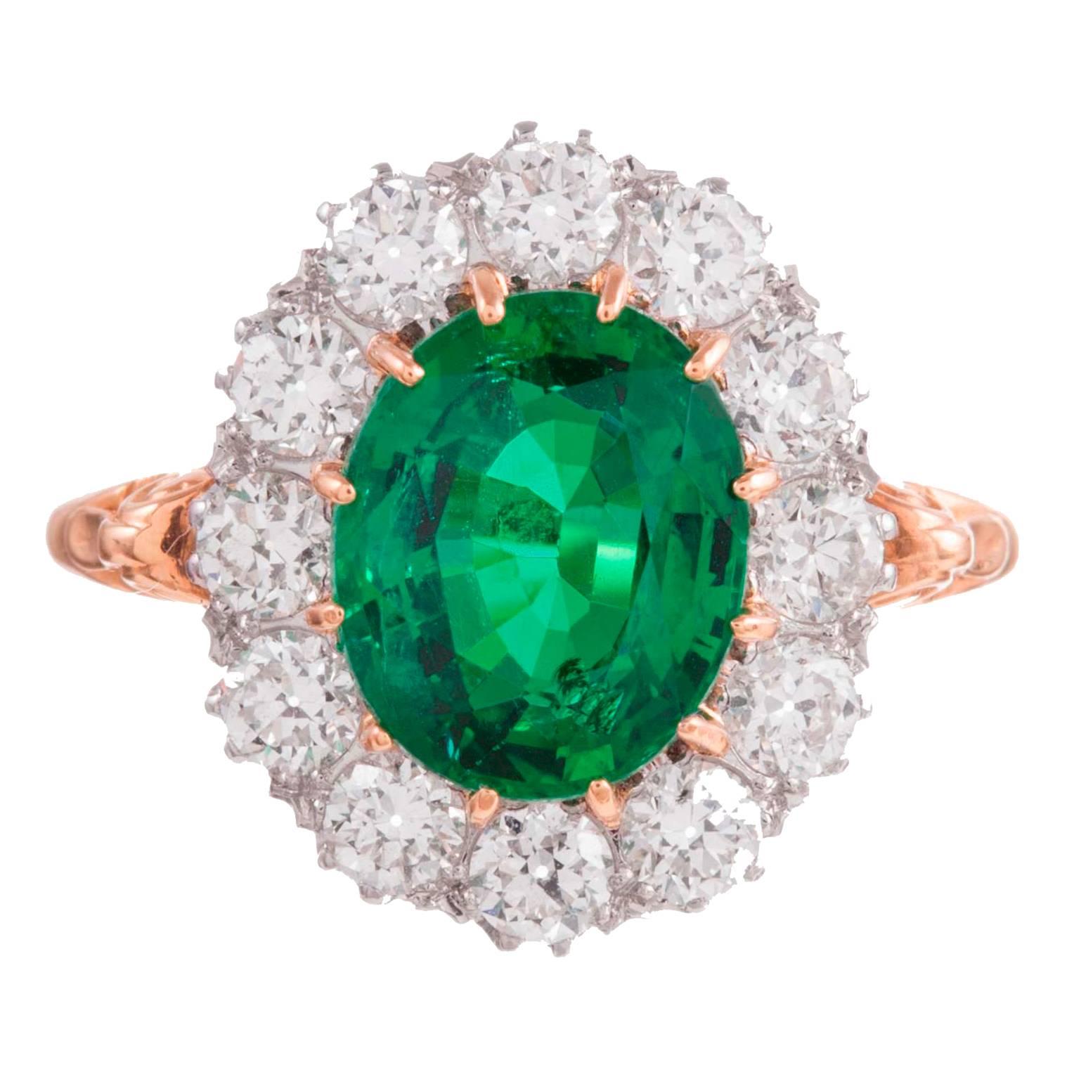 2.73 Carat Emerald Diamond Gold Cluster Ring