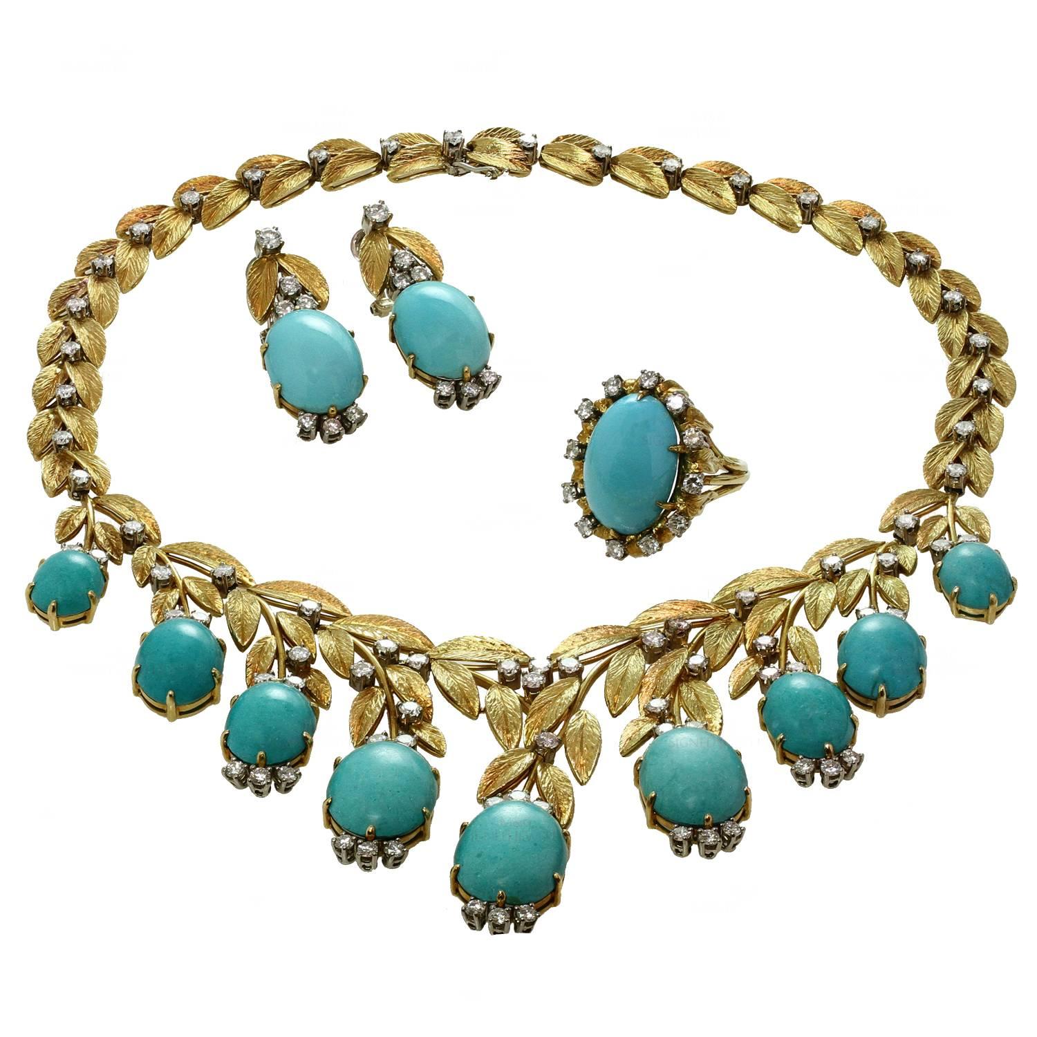 1960s Turquoise Diamond Gold Necklace Earrings and Ring Suite