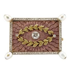 Fabergé August Holmström Antique Guilloche Enamel Pearl Diamond Gold Brooch