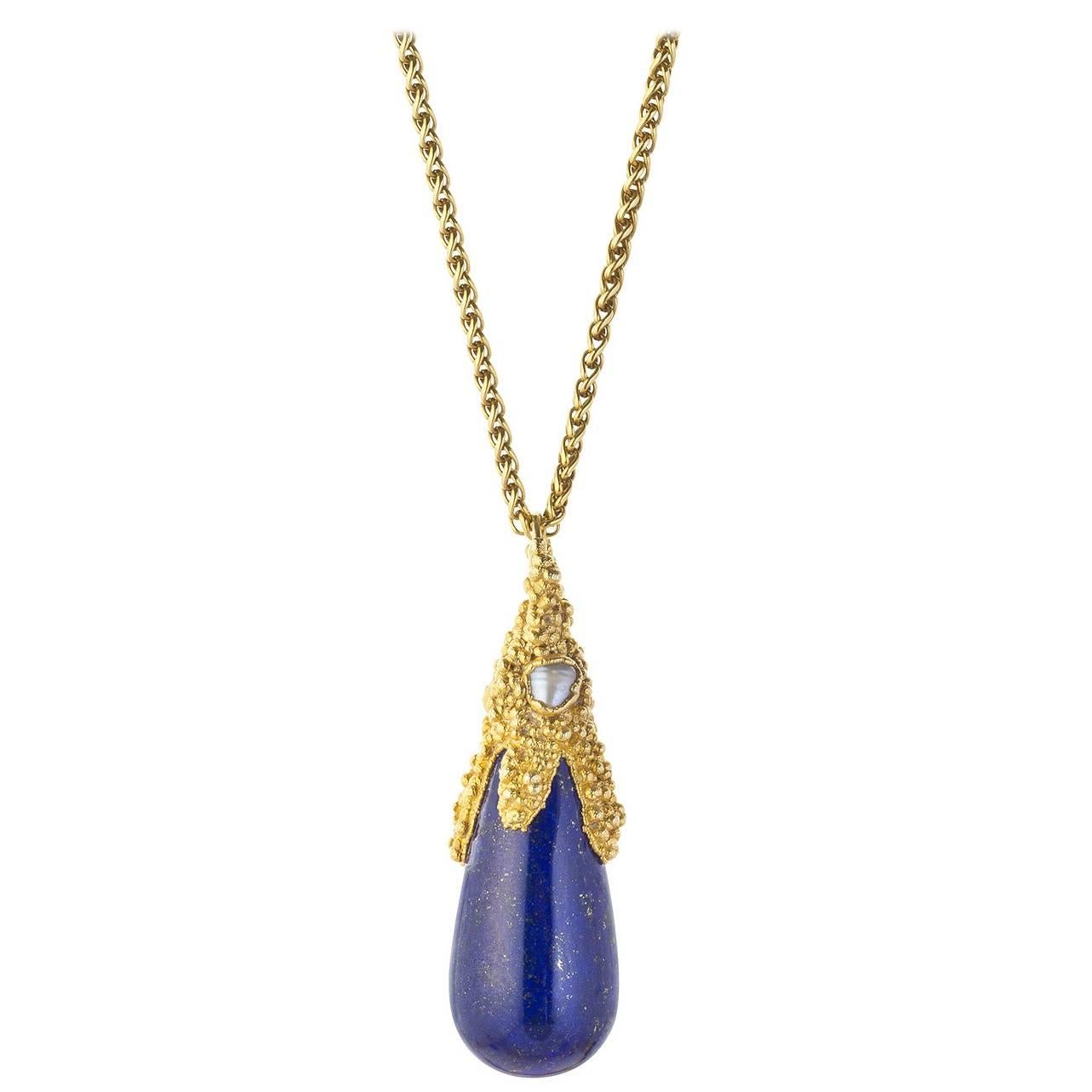 Milena Kovanovic Lapis Lazuli Pearl Gold Vermeil Silver Drop Necklace