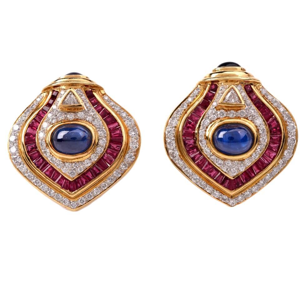 Ruby Sapphire Diamond Gold Clip On Earrings