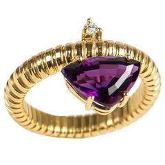 Handmade Flexible18kt Yellow Gold Ring Set with Amethyst and Diamond Handmade Flexible18kt Yellow Gold Ring Set with Amethyst and Diamond