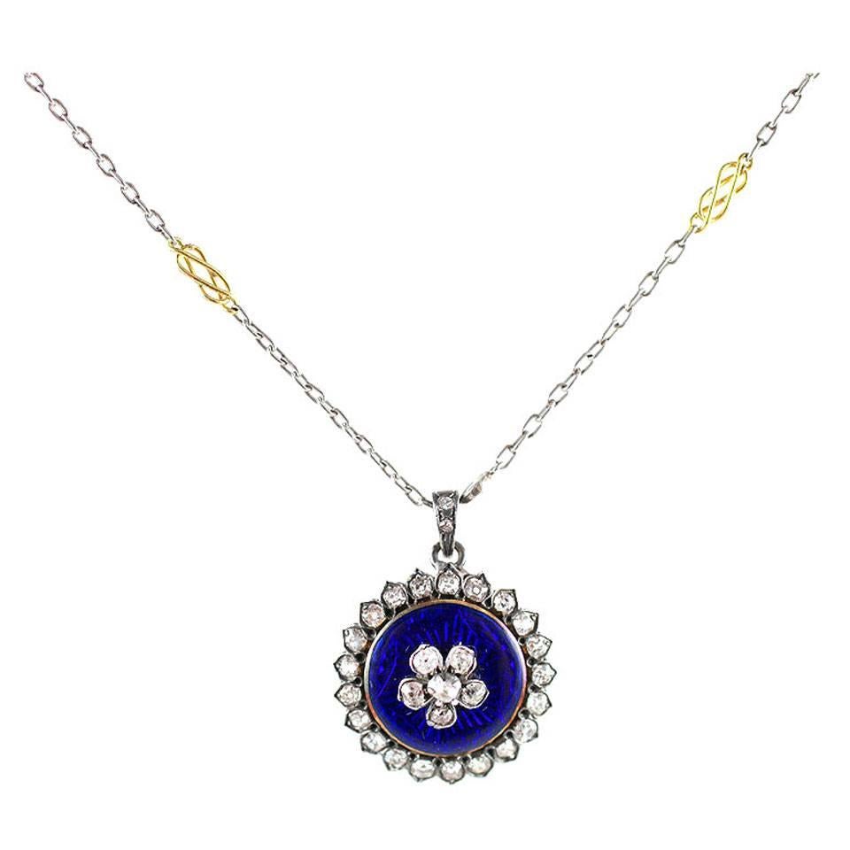 Antique Georgian Enamel Diamond Forget Me Not Pendant