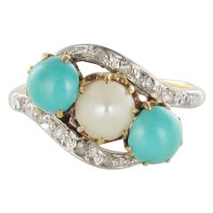 Antique French Turquoise Fine Pearl Diamond Gold Ring