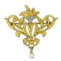 Antique Pearl Diamond Gold Nesting Doves Brooch