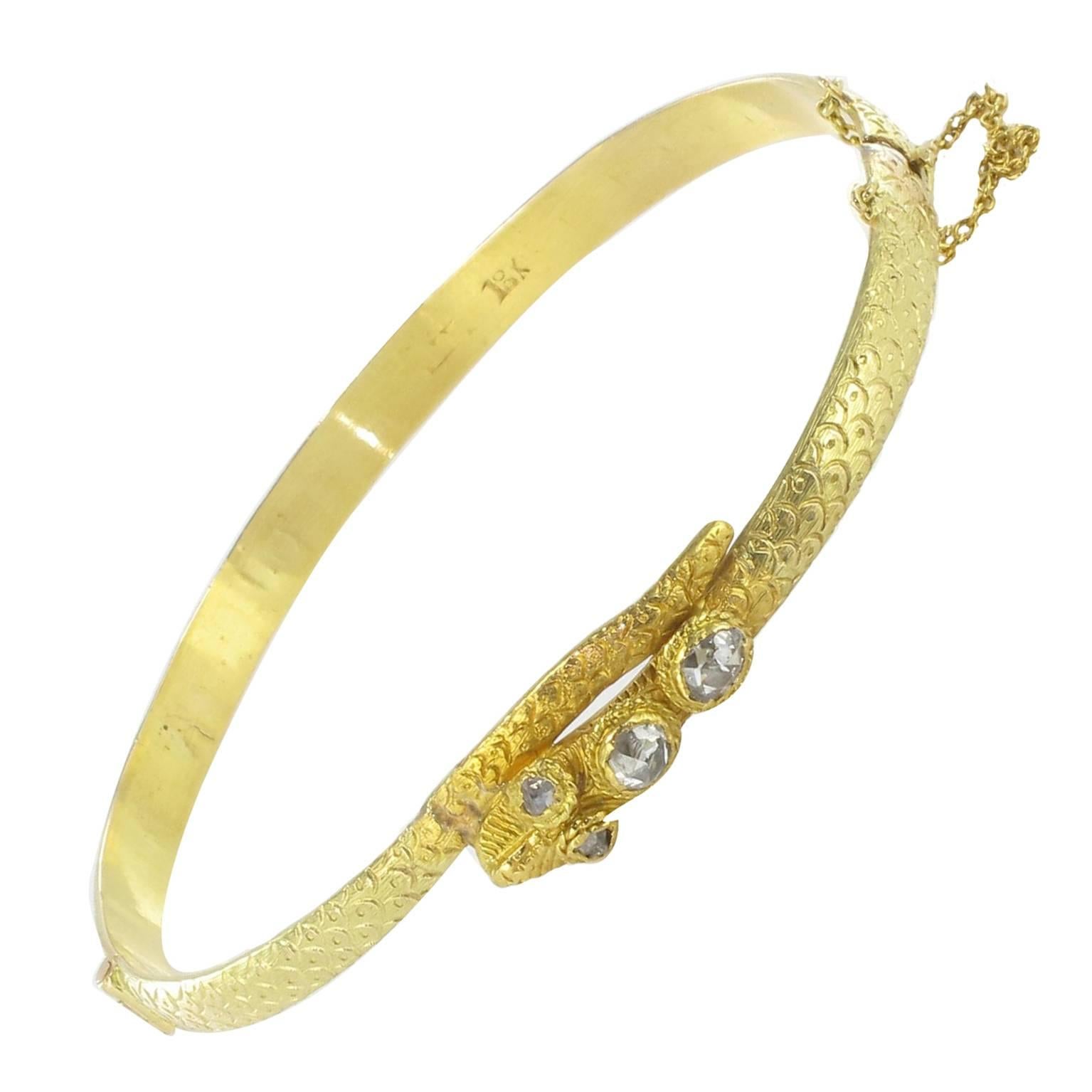 Antique Rose Cut Diamonds Gold Snake Bangle Bracelet