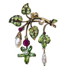 Antique Art Nouveau Russian Demantoid Ruby Pearl Gold Pendant Brooch