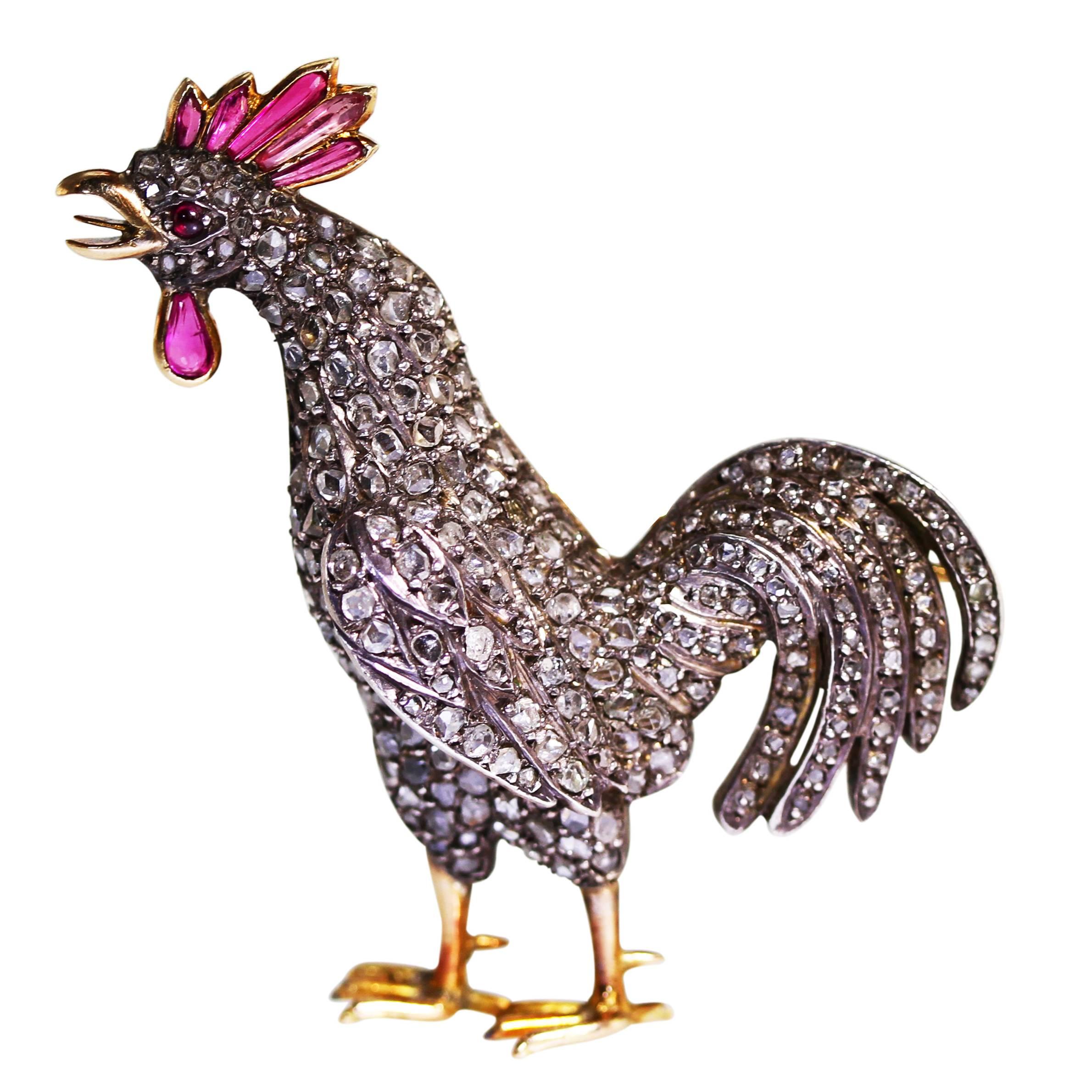 Victorian Ruby Diamond Silver Gold Cockerel Brooch For Sale