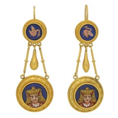 1870s Egyptian Revival Micro Mosaic Gold Ear Pendants