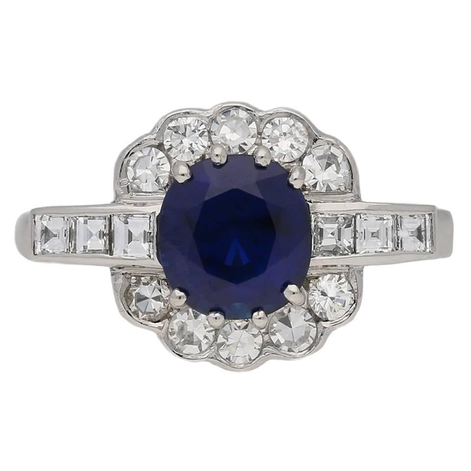 Royal Blue Natural Unenhanced Burmese Sapphire Diamond Platinum Engagement Ring For Sale