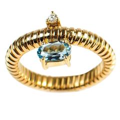 Aquamarine & Diamond Set in Handmade Flexible 18kt Gold Ring